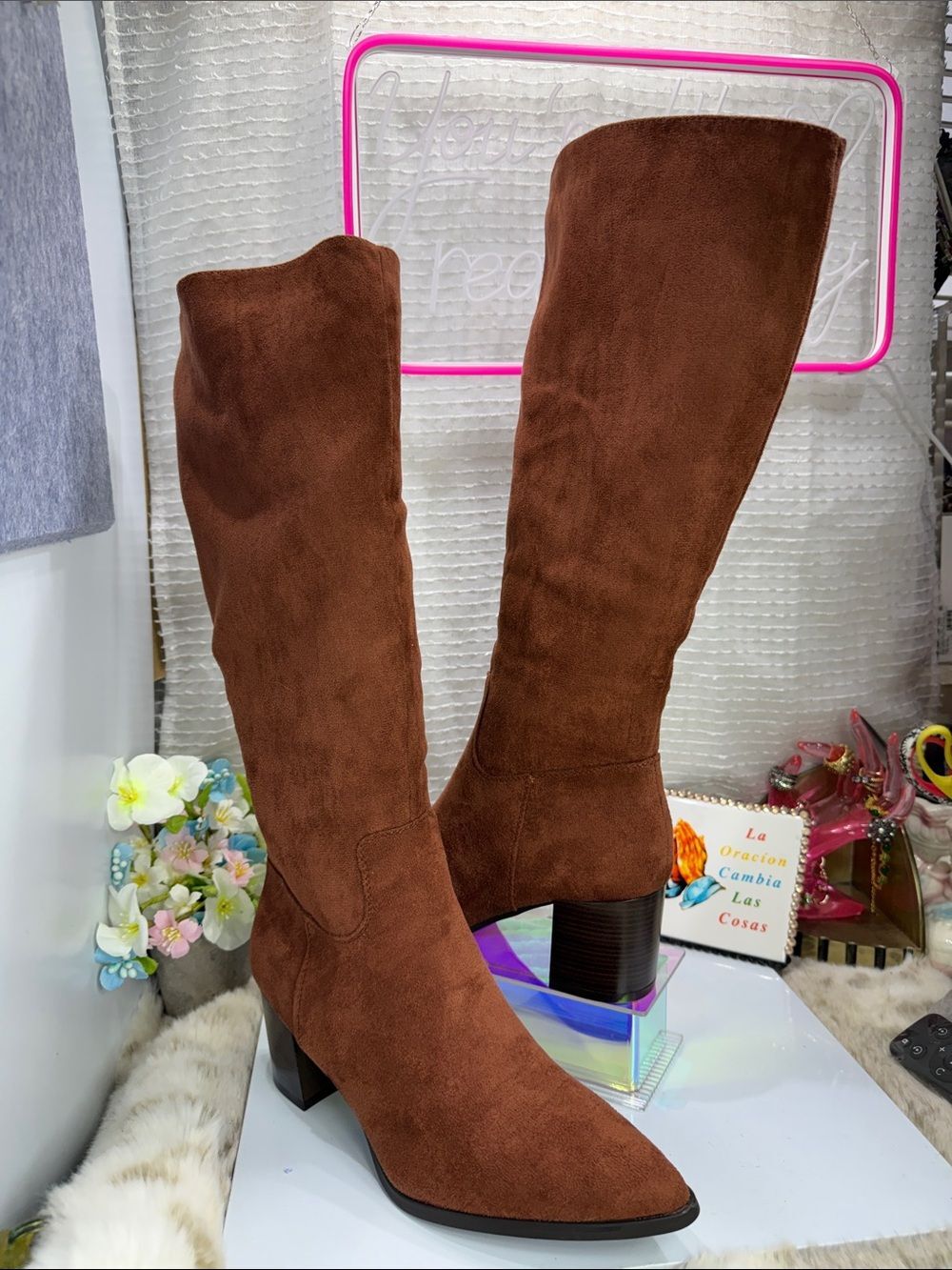 (Z) Brown Suede Knee-High Block Heel Boots - Women,Sz 40/9USA